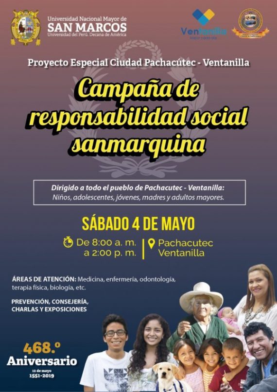 Sábado 4 de mayo, “Campaña de Responsabilidad Social Sanmarquina” en Proyecto Especial Pachacutec.