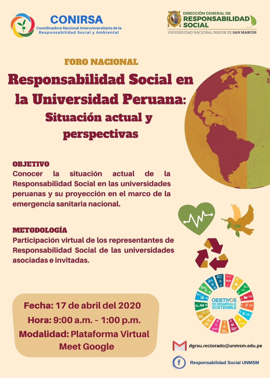 La Dirección General de Responsabilidad Social de la UNMSM organiza Foro Nacional reuniendo a más de 28 universidades del Perú y el mundo para evaluar y proponer alternativas de desarrollo universitario en el marco de la emergencia sanitaria mundial