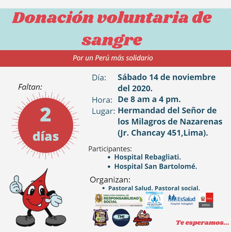 Campaña de Donación Voluntaria de Sangre se realizará este sábado 14 de noviembre en el centro de Lima